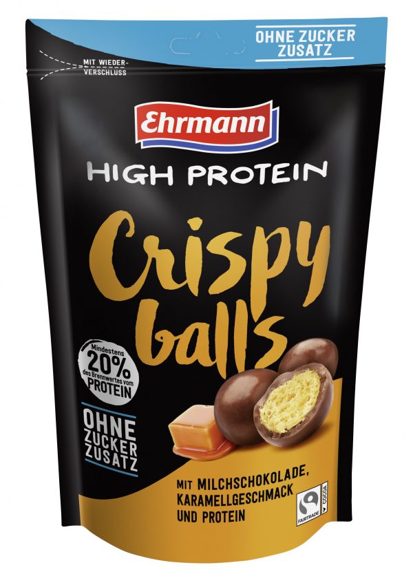 4062423003680 Ehrmann High Protein Crispy Balls ohne Zuckerzusatz 55g mit Milchschokolade-Karamellgeschmack