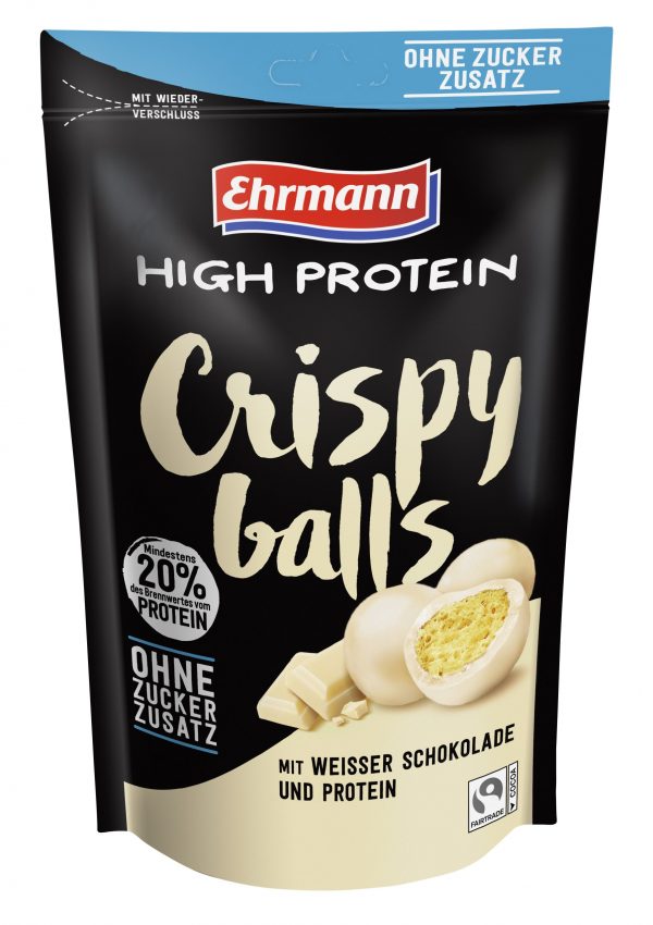 4062423003703 Ehrmann High Protein Crispy Balls ohne Zuckerzusatz 55g mit weißer Schoko